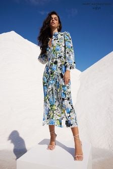 Mary Katranzou x Lipsy Floral Print Pleated Skirt Long Sleeve Midi Shirt Dress (K46962) | INR 7,154