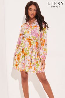 Lipsy Floral Long Sleeve Belted Scallop Mini Shirt Dress (K46966) | $100