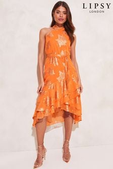 Lipsy Orange Metallic Tiered Halter Belted Midi Dress (K46976) | €33