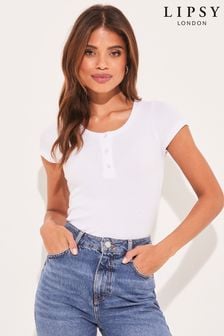 Lipsy White Henley Scoop Neck Ribbed T-Shirt (K47029) | €15.50