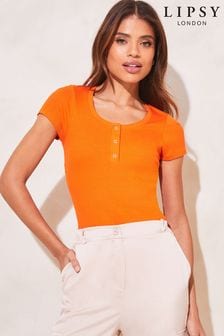 Lipsy Orange Henley Scoop Neck Ribbed T-Shirt (K47032) | €15.50