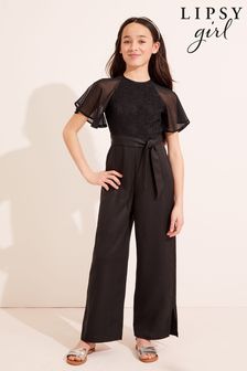 Lipsy Black Lace Front Tie Short Flutter Sleeve Jumpsuit (K47063) | R512 - R659