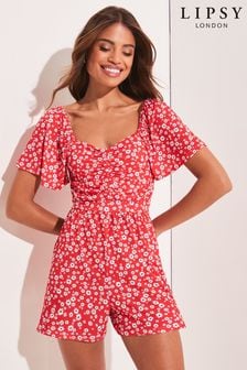 Lipsy Red Ditsy Jersey Flutter Sleeve Sweetheart Neck Ruched Playsuit (K47090) | €20