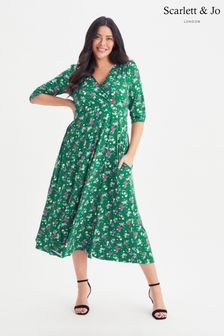 Scarlett & Jo Green Multi Floral Wrap Front 1940s Mid Dress (K47107) | €41