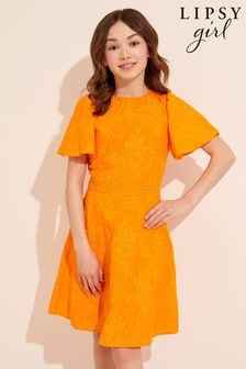 Lipsy Orange Flutter Sleeve Lace Occasion Dress (K47131) | €28 - €33