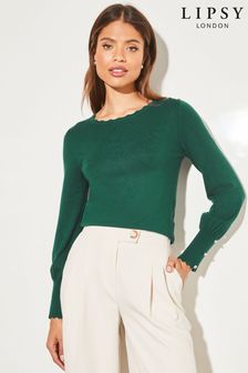Lipsy Forest Green Petite Scallop Detail Crew Neck Button Through Cardigan (K47298) | $54