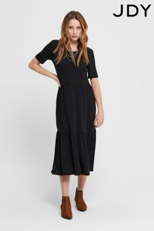 JDY Black Tiered Midi T-Shirt Dress (K47354) | kr370