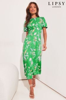 Lipsy Green Floral Petite Jersey PUff Short Sleeve Underbust Summer Midi Dress (K47766) | €23