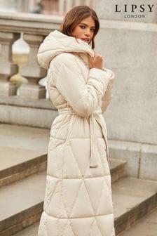 Lipsy Cream Hooded Belted Longline Padded Coat (K47816) | AED231