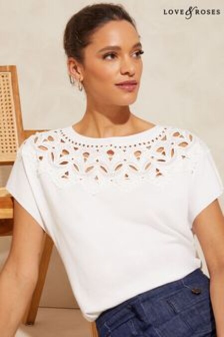 Love & Roses White Lace Trim Fine Guage Knitted Top (K47875) | OMR16