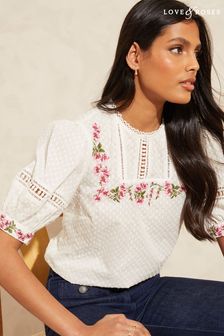 Love & Roses White Embroidered Puff Sleeve Lace Trim Dobby Blouse (K47910) | €29