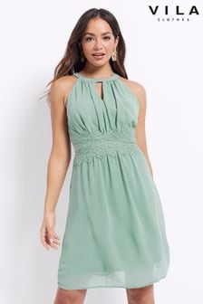VILA Sage Green Halter Neck Tulle Fit And Flare Dress (K48078) | AED222