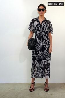 Religion Black Loose Shirt Dress With Tie Waist In Handpainted Prints (K48564) | €60