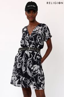 Religion Black Faux Wrap Dress With Elasticated Waist In Print (K48569) | €55