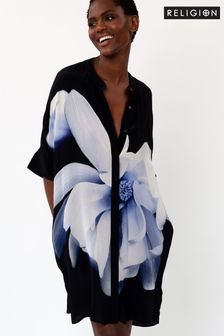 Religion Blue & Black Tunic Shirt Dress In Beautiful Floral Print (K48582) | €104
