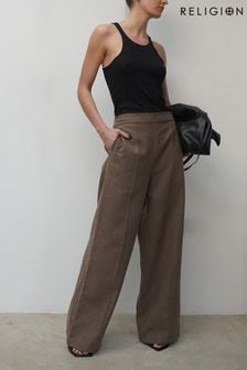 Нейтральный - Широкие фактурные брюки из смесового льна с отделкой заклепками Religion Ramie (K48590) | €49