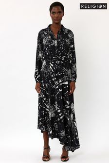 Religion Black Shirt Dress With High-Low Hem And Tie Waist Belt (K48593) | 77 €