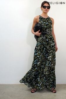 Religion Green Tiered Maxi Dress With Halter Neck In Beautiful Prints (K48604) | kr1,428
