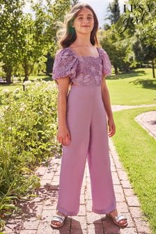 Lipsy Purple Puff Sleeve Lace Bodice Wide Leg Jumpsuit (K48745) | $56 - $70