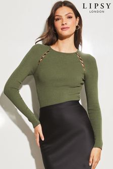 Zielony - Sweter dzianinowy z raglanowymi rękawami i ozdobnymi guzikami Lipsy (K48886) | 213 zł