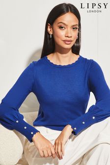 Lipsy Cobalt Blue Scallop Detail Long Sleeve Knitted Jumper (K48893) | $40