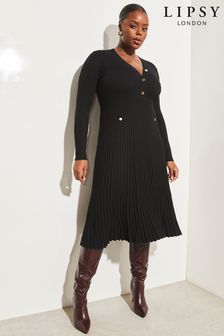 Lipsy Black Curve V Neck Button Fit And Flare Long Sleeve Knit Dress (K48903) | €31