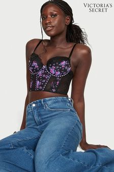 Victoria's Secret Black Floral Ribbon Slot Lace Corset Bra Top (K48941) | €79