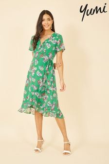 Yumi Green Multi Floral Frill Wrap Midi Dress (K49112) | €42