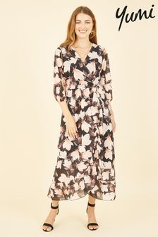 Yumi Black Multi Blossom Wrap Midi Dress With 3/4 Sleeves (K49121) | €37