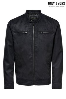 Only & Sons Black Collarless Faux Suede Biker Jacket (K49142) | $102