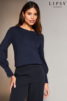 Lipsy Navy Blue Scallop Detail Long Sleeve Knitted Jumper (K49251) | $61