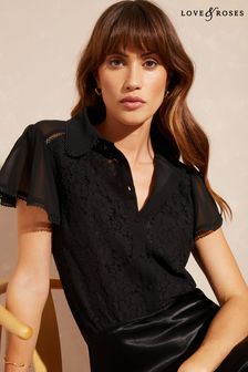 Love & Roses Black Lace Sheer Mix Flutter Sleeve Button Through Shirt (K49611) | 132 zł