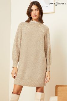 Love & Roses Camel Cosy Recycled Button Jumper Dress (K49637) | €28
