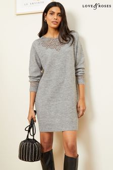 Love & Roses Grey Crochet Mix Long Sleeve Jumper Dress (K49642) | 83 €