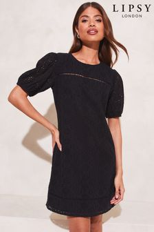 Lipsy Black Broderie Puff Sleeve Shift Dress (K49862) | 35 €