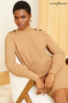 Love & Roses Camel Cable Knit Button Shoulder Belted Knitted Mini Dress (K49865) | kr920