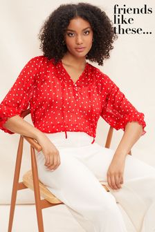 Friends Like These Red Printed 3/4 Sleeve Tie Neck Blouse Top (K49992) | €20