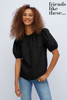 Friends Like These Black Short Puff Sleeve Textured Blouse (K50035) | 87 zł