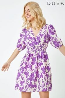 Dusk Purple & White Floral Shirred Waist Mini Dress (K51080) | ₪ 223