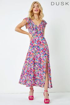 Dusk Pink Multi Floral Ruffle Detail Midi Dress (K51083) | €34