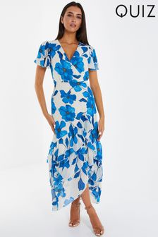 Quiz White & Blue Chiffon Floral Wrap Front Midaxi Dress (K51115) | €32