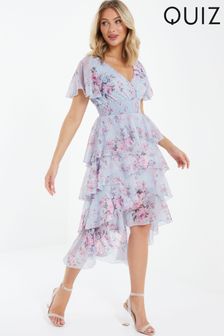 Quiz Blue & Pink Chiffon Glitter Wrap Tiered Dip Hem Dress (K51123) | €45
