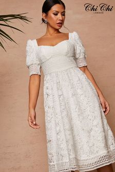 Chi Chi London White Puff Sleeve Lace Midi Dress (K51260) | 220 zł