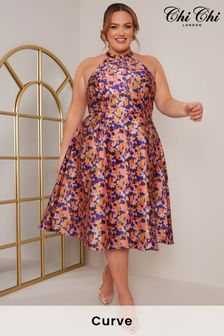 Chi Chi London Purple & Orange & Pink Curve High Neck Ink Pot Print Midi Dress (K51276) | 252 zł