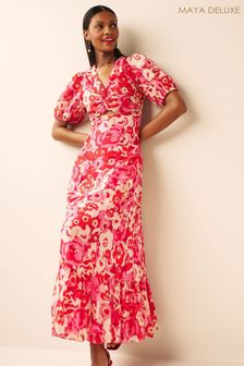 Maya Pink Twist Front Puff Sleeve Midaxi Dress (K51571) | DKK480