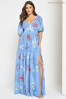 Maya Blue Embroidered and Embellished Premium Puff Sleeve Maxi Dress (K51574) | 163 €