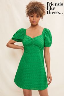 Friends Like These Green Broderie Sweetheart Puff Sleeve Mini Dress (K51631) | OMR11