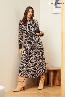 Love & Roses Black Floral High Neck Jersey Pleated Midi Jersey Dress (K52193) | $94