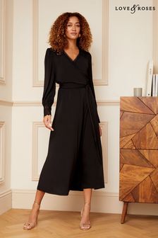 Love & Roses Black Jersey Wrap Long Sleeve Midi Dress (K52198) | 247 QAR