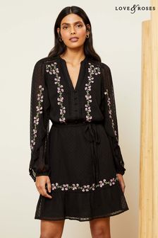 Love & Roses Black Embroidery Chiffon V Neck Elasticated Sleeve Belted Mini Dress (K52200) | kr753